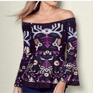 aztec mexican black top women's s small print off shoulder shirt blouse venus